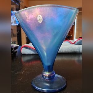 Fenton Blue Iridescent stretch fan vase